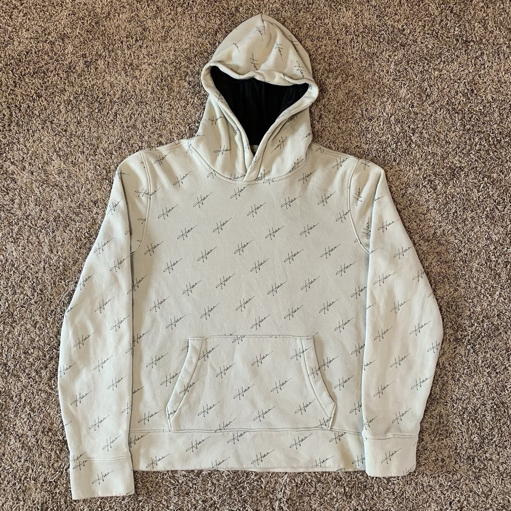 Hollister Hoodie Womens Mens Medium Green Gray Script AOP Spell Out Logo
